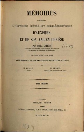 Mémoires concernant l'histoire civile et ecclésiastique d'Auxerre et de son ancien diocèse, 1