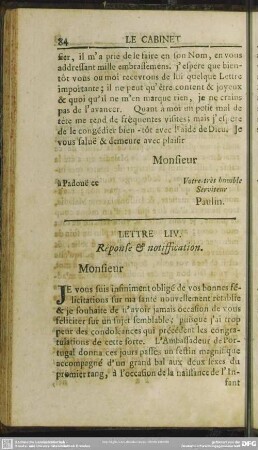 Lettre LIV. Response & notiffication