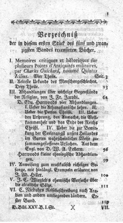Verzeichniß der in diesem ersten Stück des fünf und zwanzigsten Bandes recensirten Bücher.