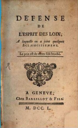 Defense de l'Esprit des Loix