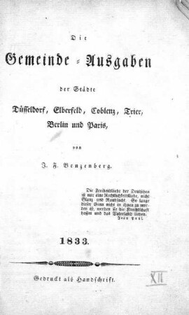 Die Gemeinde-Ausgaben der Städte Düsseldorf, Elberfeld, Coblenz, Trier, Berlin und Paris