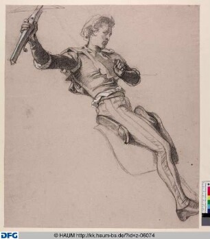 Studie eines reitenden Mannes, eine Armbrust in die Luft haltend
