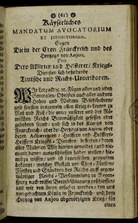 Käyserliches Mandatum Avocatorium et Inhibitorium.