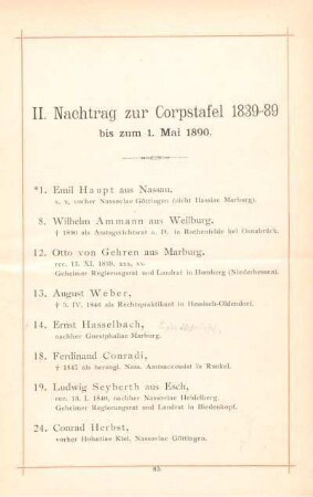II. Nachtrag zur Corpstafel 1839-89 bis zum 1. Mai 1890.