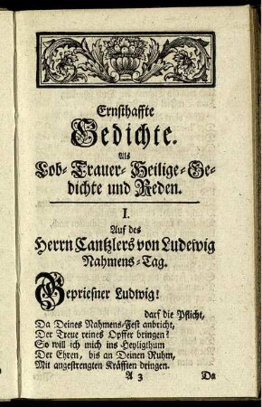 Ernsthaffte Gedichte. Als Lob- Trauer- Heilige-Gedichte und Reden.