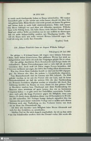 Johann Friedrich von Cotta an August Wilhelm von Schlegel, Tübingen, 29.07.1805