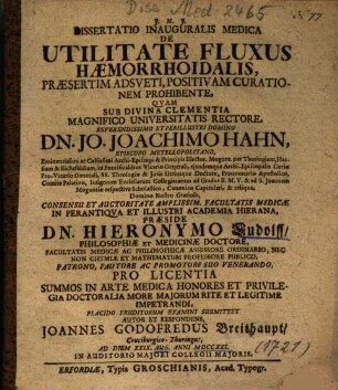 Dissertatio Inauguralis Medica De Utilitate Fluxus Haemorrhoidalis, Praesertim Adsveti, Positivam Curationem Prohibente