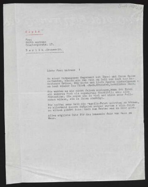 Brief von Gerhart Hauptmann an Edith Andreae