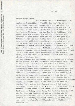 Brief von Volker Schlöndorff an Günter Grass, 22.01.1978