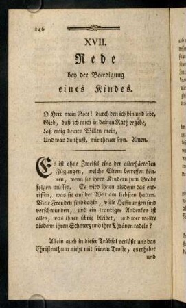 146-162, XVII. rede bey der Beerdigung eines Kindes; XVIII. Rede bey der Beerdigung eines Kindes; XIX. Rede bey der Beerdigung der Frau eines Handwerksmannes