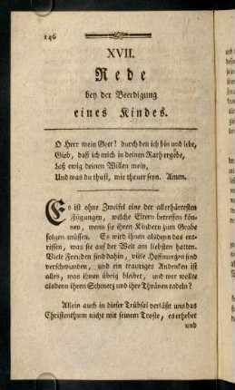 146-162, XVII. rede bey der Beerdigung eines Kindes; XVIII. Rede bey der Beerdigung eines Kindes; XIX. Rede bey der Beerdigung der Frau eines Handwerksmannes