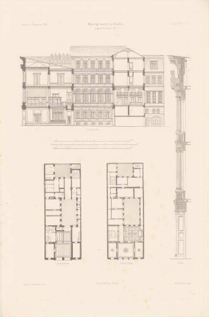 Wohn- und Geschäftshaus Mendelssohn & Co Jägerstraße 52, Berlin: Grundrisse, Längsschnitt, Fassadenschnitt vertikal (aus: Atlas zur Zeitschrift für Bauwesen, hrsg. v. F. Endell, Jg. 26, 1876)