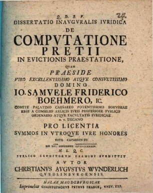 Dissertatio inavgvralis ivridica de compvtatione pretii in evictionis praestatione