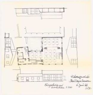 Heilig-Geist-Kirche, Bad Oeynhausen Gemeindehaus: Erdgeschoss und Ansichten 1:200 (Lichtpause von Inv.Nr. 37976)