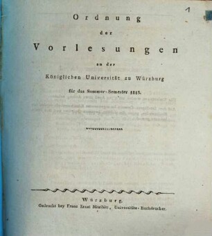 Ordnung der Vorlesungen an der Königlichen Universität Würzburg. 1815. SS
