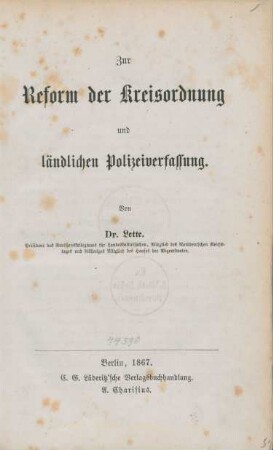 Zur Reform der Kreisordnung und ländlichen Polizeiverfassung