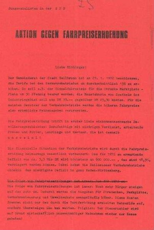 Flugblatt der Jungsozialisten in der SPD "Aktion gegen Fahrpreiserhöhung" bei den Verkehrsbetrieben