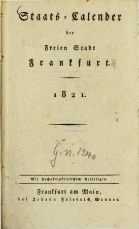 Staats-Kalender der Freien Stadt Frankfurt. 1821