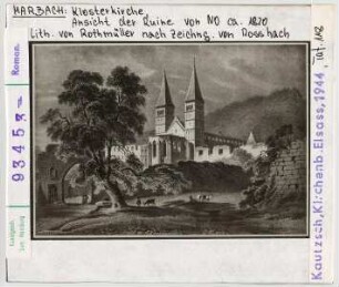 Marbach: Ehemalige Klosterkirche, Ansicht der Ruine von Nordosten ca. 1820. Lithographie von Rothmüller nach Zeichnung von Rossbach