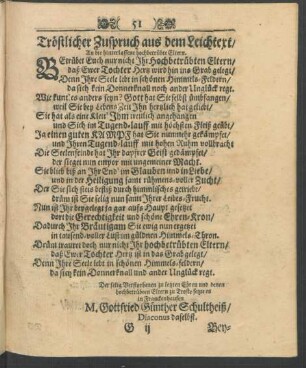 Tröstlicher Zuspruch aus dem Leichtext/ An die hinterlassene hochbetrübte Eltern.