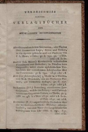 Verzeichniss Einiger Verlagsbücher Der Andreaishen Buchhandlung.