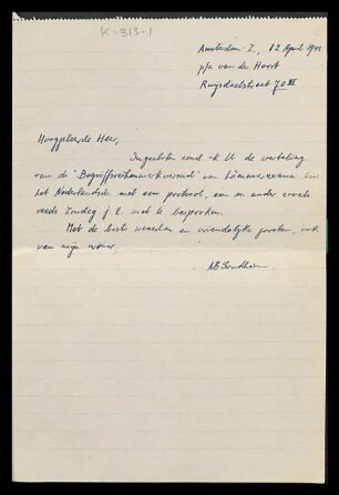[Brief von A. B. Sondheim an Otto Selz vom 12. April 1943]