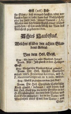 Achtes Haubtstuck. Welches ist über den achten Glaubens-Articul. Von dem Heil. Geist