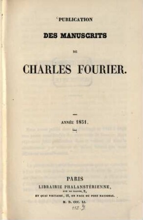Publication des manuscrits de Charles Fourier : Année. 1851