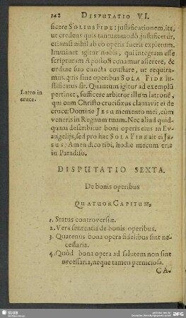 Disputatio Sexta. De bonis operibus. Quatuor Capitum