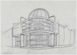 Wettbewerb Wohn- und Geschäftshaus, BMW-Haus, 1. und 2. Stufe (nicht realisiert) – Perspektivansicht. Berlin-Charlottenburg, Kurfürstendamm 31, Uhlandstraße 177/178