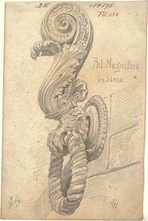 Walther, Conradin; u. a. Deutschland; Italien; Sammlung Conradin Walther: Band IV, Nr. 143 - 188 (fol. 125 - 168) - Türklopfer aus dem Palazzo Magnifico in Siena (Perspektive)