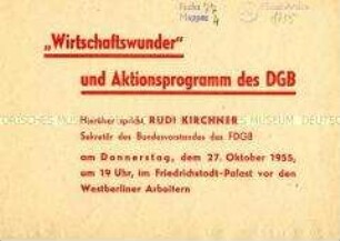 Handzettel mit der Einladung zu einem Vortrag zu wirtschaftspolitischen Fragen