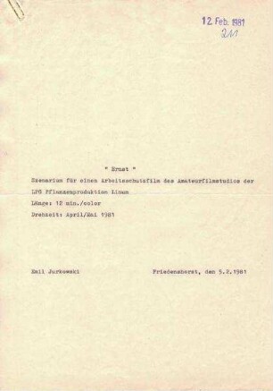 Szenarium für den Amateurfilm "Ernst" / Amateurfilmstudio LPG Linum