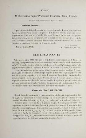 Relazione sulle Lezioni complementali date nell' Istituto tecnico superiore a Milano.