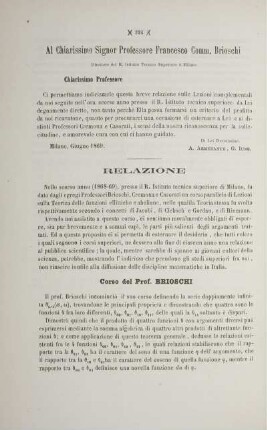 Relazione sulle Lezioni complementali date nell' Istituto tecnico superiore a Milano.