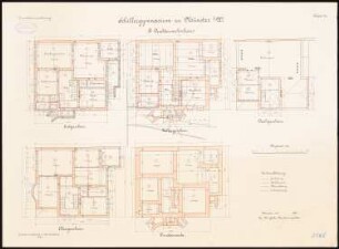 Schillergymnasium, Münster: Direktorenwohnhaus: Grundriss Fundamente, Keller, Erdgeschoss, Obergeschoss, Dachgeschoss 1:100