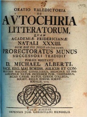 Oratio Valedictoria De Autochiria Litteratorum