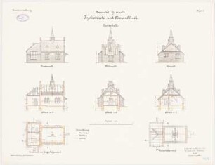 Universität Greifswald Psychiatrische und Nervenklinik - Leichenhalle: Grundriss Fundamente, Erdgeschoss, Dachgeschoss, Aufriss Nordansicht, Westansicht und Ostansicht, Längsschnitt, Querschnitte 1:100