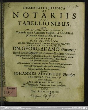 Dissertatio Iuridica De Notariis Sive Tabellionibus