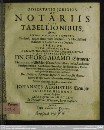 Dissertatio Iuridica De Notariis Sive Tabellionibus