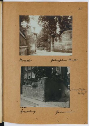 Kathedrale, Worcester / Gartenmauer, Shrewsbury: Ansichten Gartenmauern (aus: Skizzen- und Fotoalbum 26)