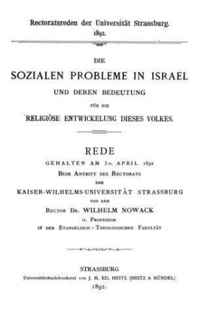 Die sozialen Probleme in Israel und deren Bedeutung für die religiöse Entwickelung dieses Volkes / Rede, geh. ... von Wilhelm Nowack