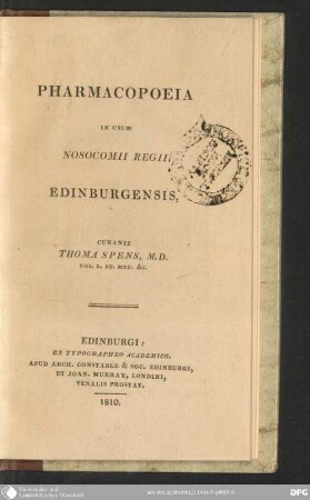 Pharmacopoeia in Usum Nosocomii regii Edinburgensis