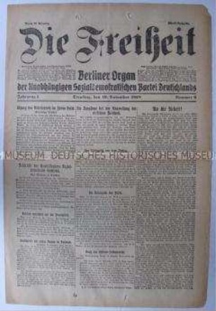 Tageszeitung der USPD Berlin "Die Freiheit" u.a. mit Revolutionsnachrichten aus verschiedenen Regionen