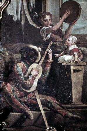 Harlekin und Begleitfiguren musizierend