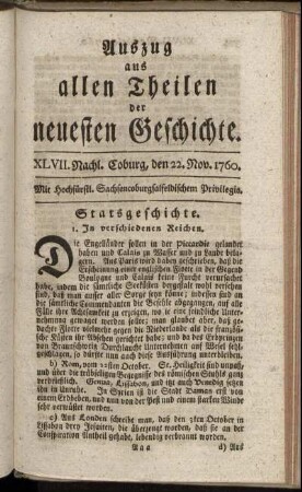 XLVII. Nachl. Coburg, den 22. Nov. 1760.