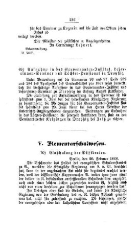 Einschulung der Dissidenten : [V. Elementarschulwesen]