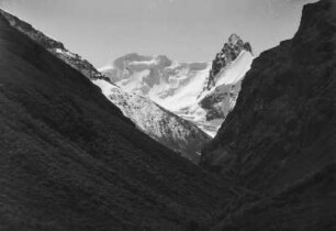 Tal : Ein Tal im Tian Shan Hochgebirge. Im Hintergrund schneebedeckte Gipfel