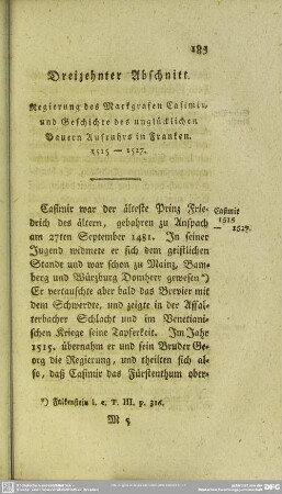 Dreizehnter Abschnitt. Regierung des Markgrafen Casimir und Geschichte des unglücklichen Bauern Aufruhrs in Franken. 1515 - 1527