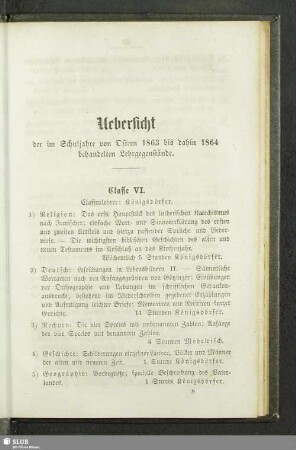Uebersicht der im Schuljahre von Ostern 1863 bis dahin 1864 behandelten Lehrgegenstände